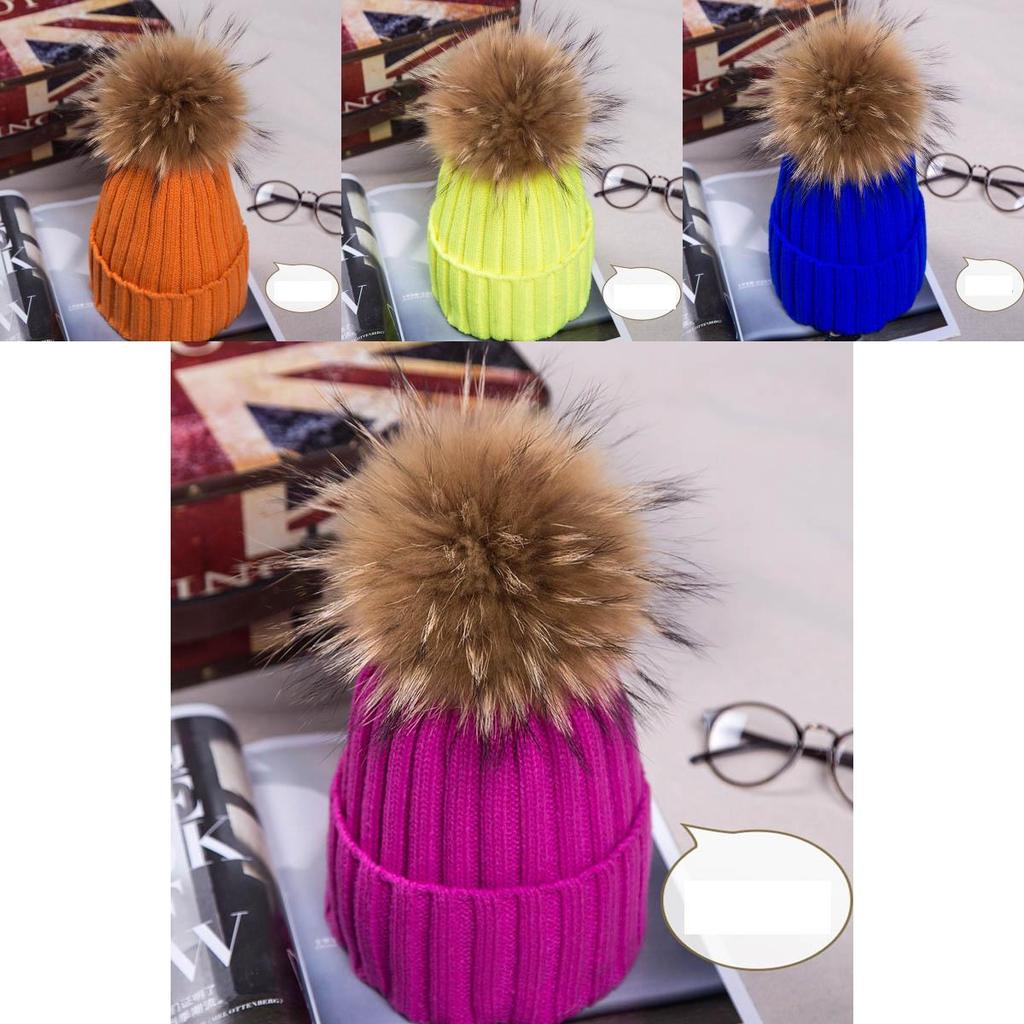 Real Winter New Raccoon Fur Hats Pom Pon Women Lady Knit Beanie Bobble Cap