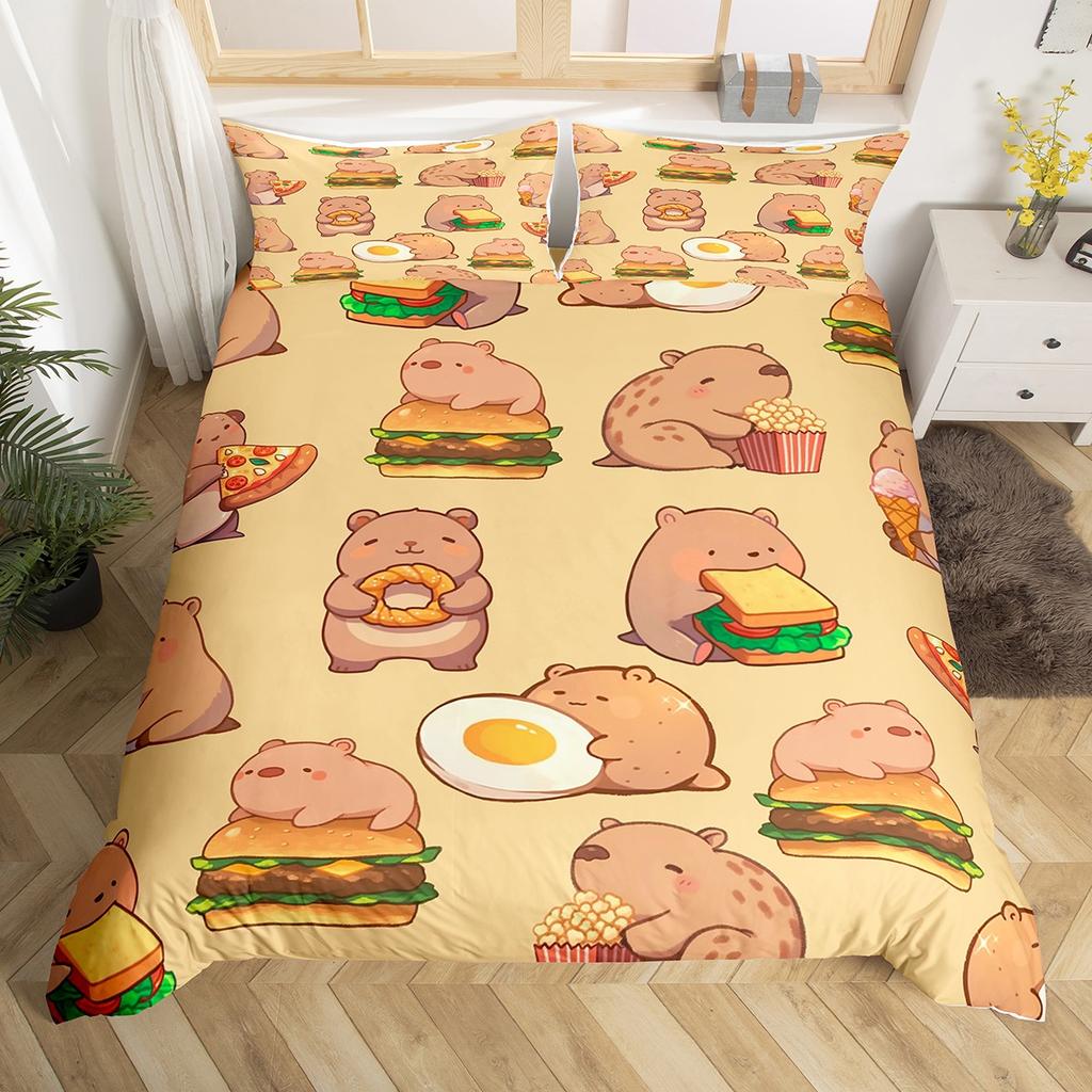 Homewish Cartoon Capybara Teens Duvet Cover SetLotus Flower Floral Bedding SetKawaii Orange Watermelon Bed Set