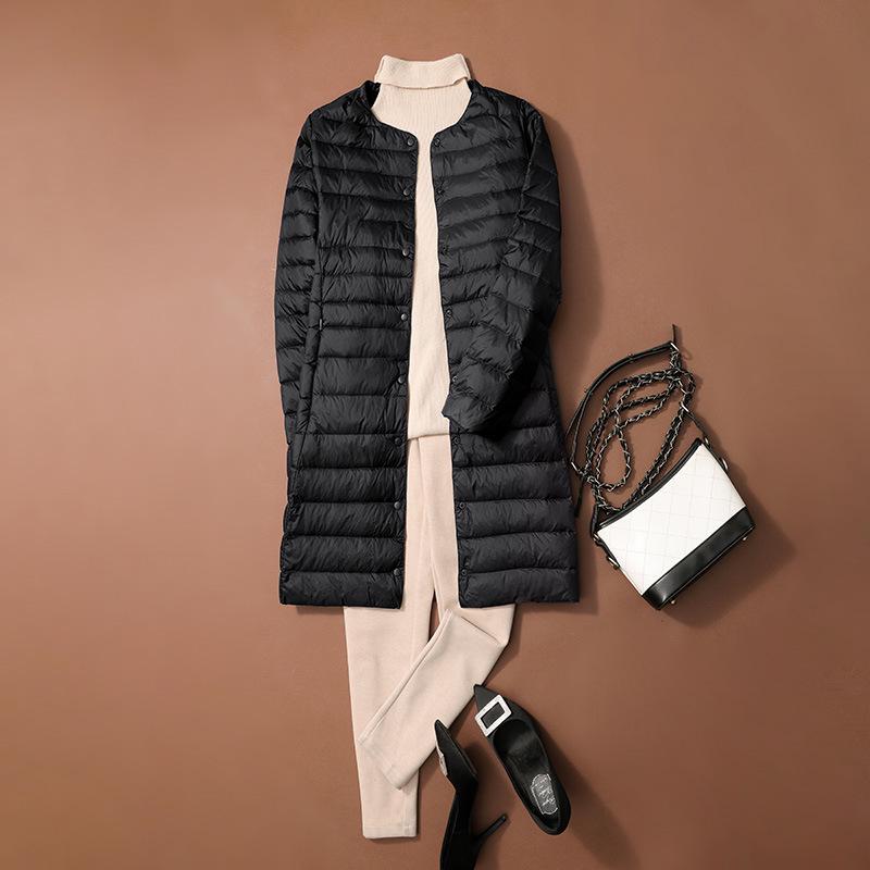 

Women s Mid-Length Lightweight Down Jacket, Convertible Collar, Autumn/Winter, Round To V-Neck Style. 4XL чёрный