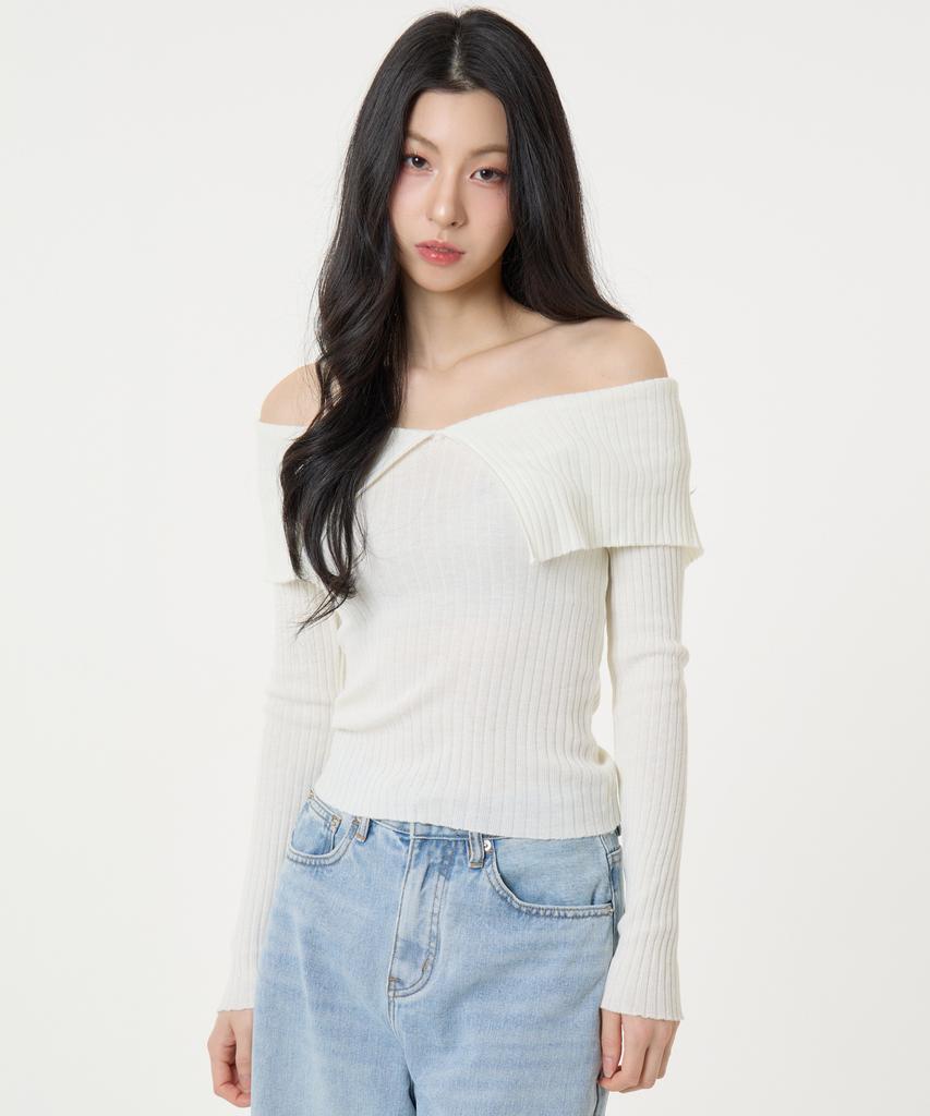 UNKNOWN PLANET Ruffle Boat Neck Long Sleeve Knit Top White