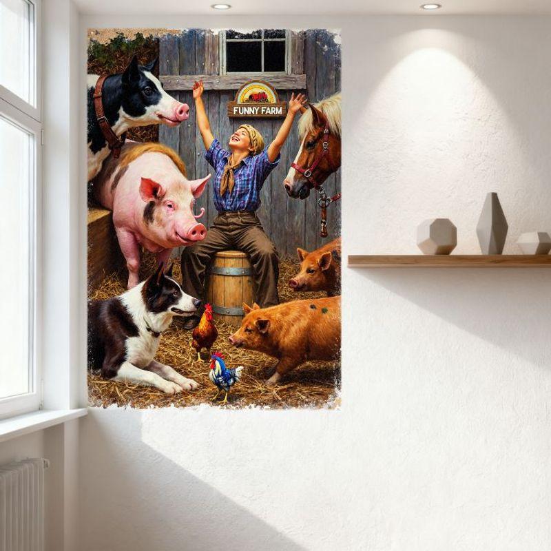 Funny Farm Rustic Hay Barn Scene Tin Sign - Woman & Farm Animals (Cow,Pig,Dog,Horse,Chicken,Rooster) Vintage Metal Wall Decor Fo