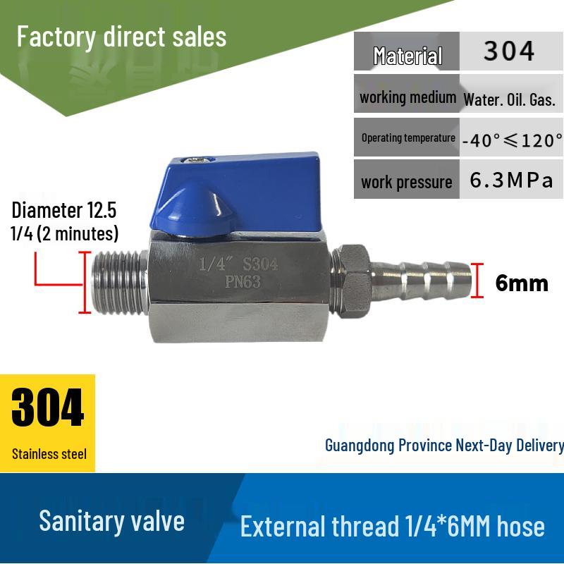 304 Stainless Steel Sanitary Mini Ball Valve, Internal/External Thread, High Pressure, 1/8"-3/4" Sizes, Open Pagoda Design