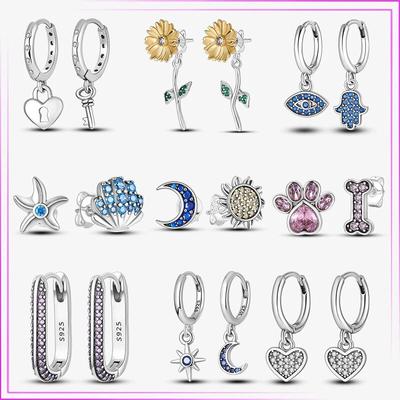 New 925 Silver Earrings Devil 'S Eye Double Hoop Original Rose Eardrop Geometric Star Moon Heart -Shaped Women Stud Gift 