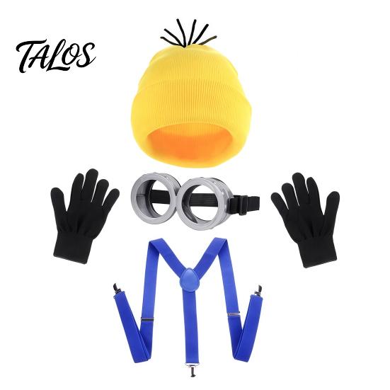 Yellow Knitted Beanies Hat Knit Costume Set, Retro Round Glasses Suspenders Gloves, Halloween Party Adult Theme Costumes Cosplay Accessories