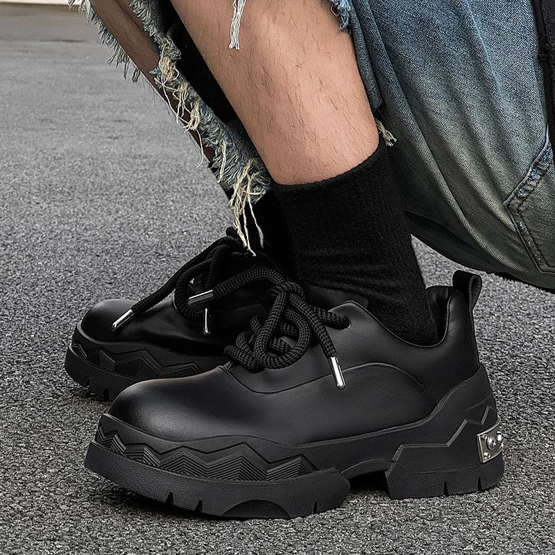Small leather shoes new autumn niche design muffin casual big head leather shoes thick sole height increase black