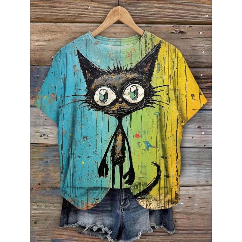 Summer Calf Print Women's Commuting Round Neck Short Sleeved Shirt T-Shirts Women’s