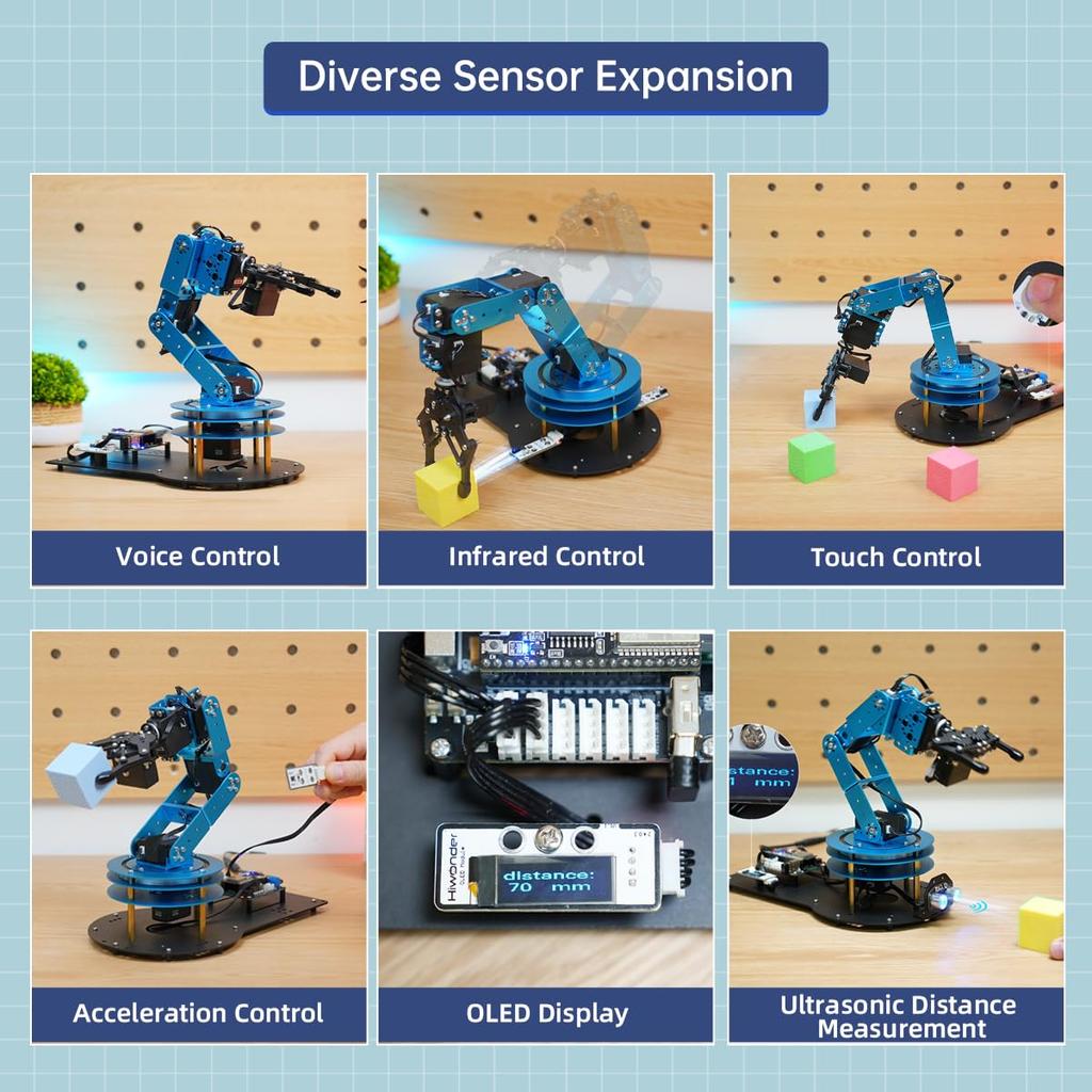 Hiwonder Robot Arm Kit: 6-degree-of-freedom programmable robot arm with 6 servos, handle, and mechanical claw. PC software and app control compatible.