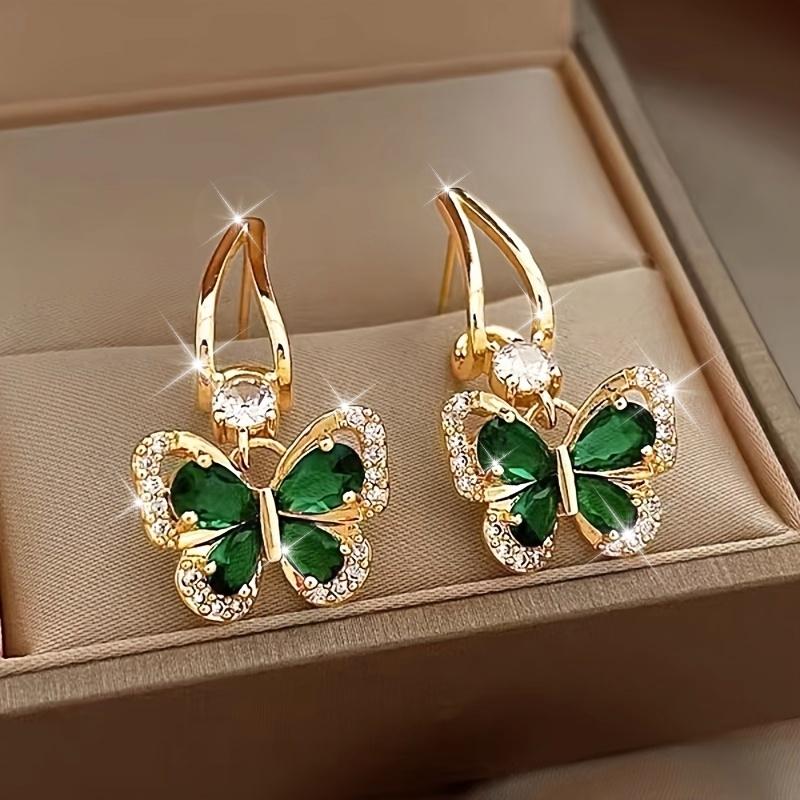 Green Butterfly Drop Earrings for Women, Hypoallergenic Stainless Steel Posts, Sturdy Alloy Fashion Dangle Jewelry Set of 2
