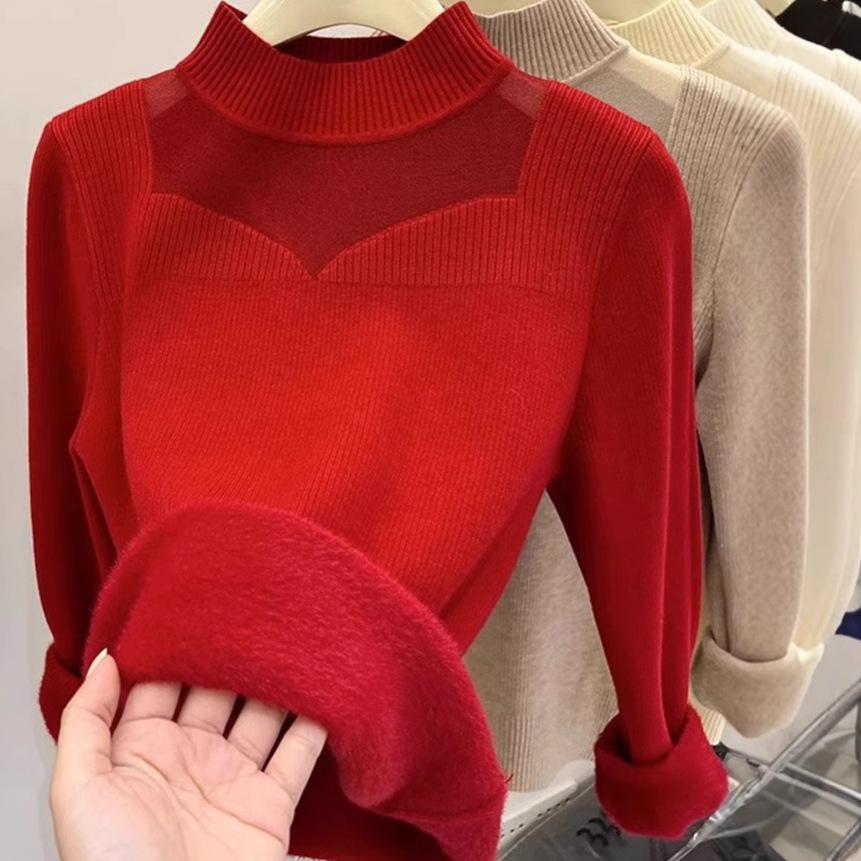 Winter Thick Sweater for Women with Velvet Half High Collar Bottom Shirt for Women