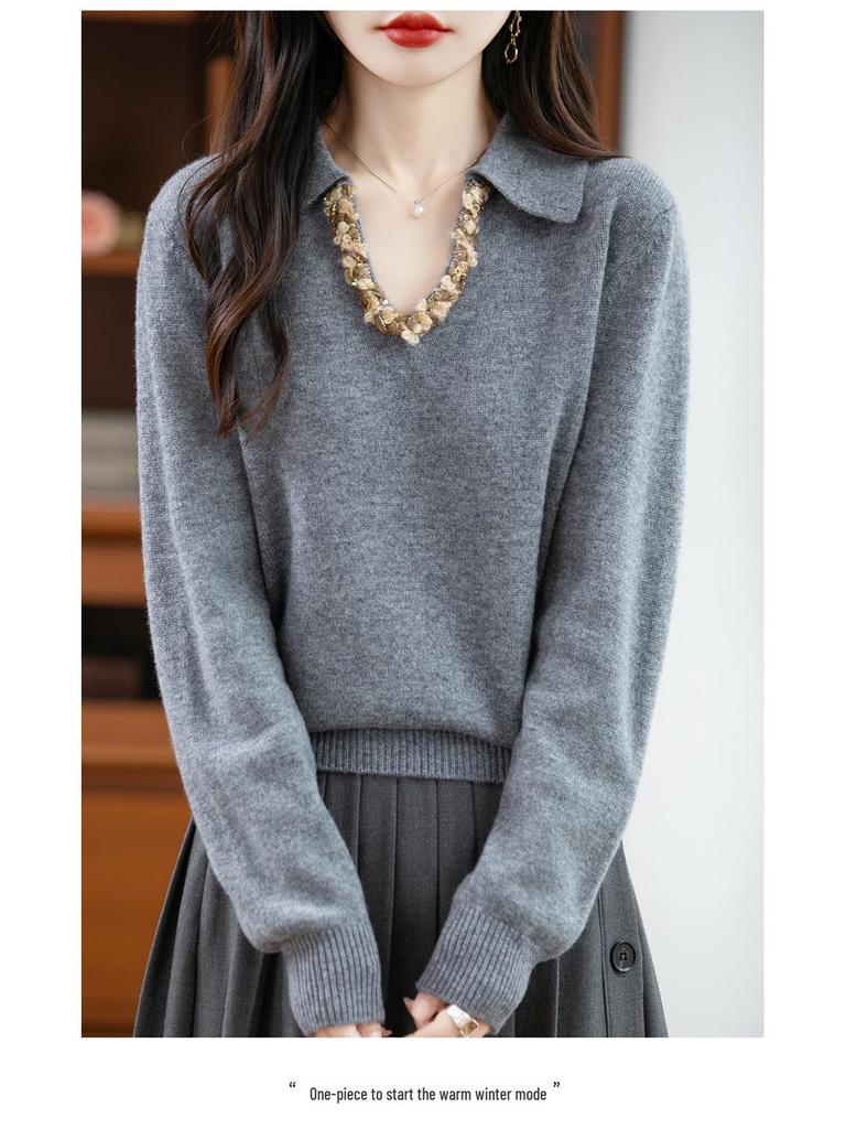 Women's Wool Sweater: Stylish V-Neck, High-End Design for Autumn/Winter