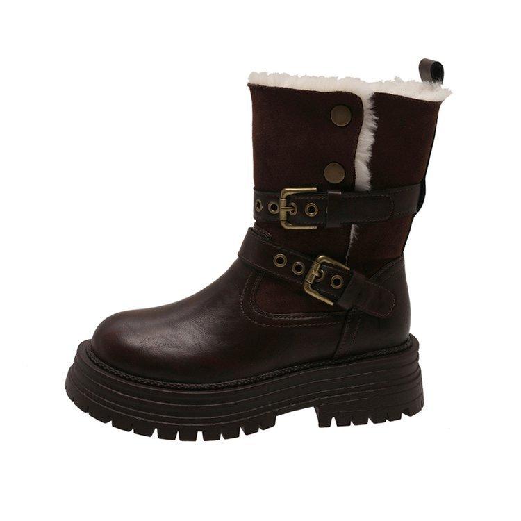 

Версия из коровьей кожи~ Кожаная платформа Ботильоны-трубы средней длины Maillard женские 2025 новые ботинки Мартин в британском стиле ретро-коричневого цвета 40 коричневый