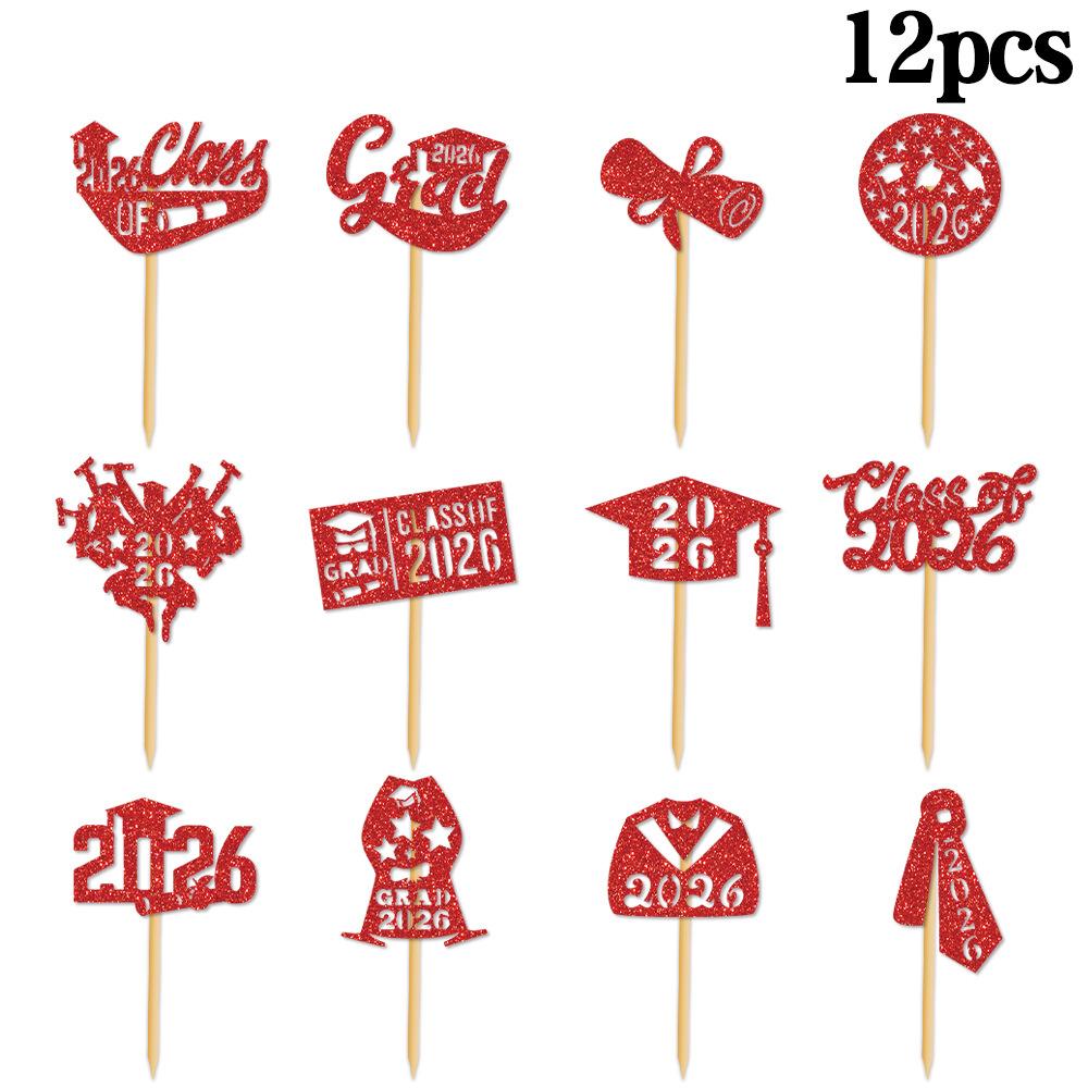 

12Pcs Glitter Class of 2026 Cupcake Toppers Graduation Cap Diploma Cake Picks Graduation Party Decorations Supplies червоний