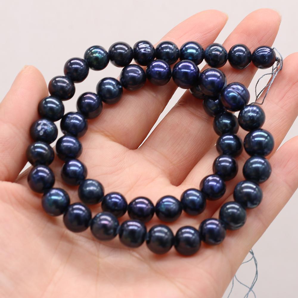 1String, Black Near Round Pearl 8-9mm, Fashion Women Natural Freshwater Pearl Beads for Jewelry Making DIY Crafts, Luxury Bulk Gifts 36cm