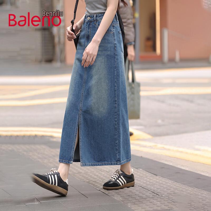 Baleno Women s French Retro Split High-Waist Denim Mid-Length Skirt S