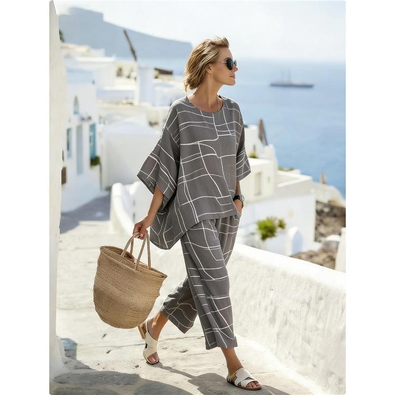 European and American bohemian style women's vacation style retro printing loose new round neck linen casual suit