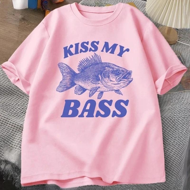Retro Angel T-Shirt Kiss My Bass Tee Lustiges Damen Papa Opa Angel T-Shirt Outdoor-Mensch Humor Top Angler Geschenk Kleidung T-Shirt