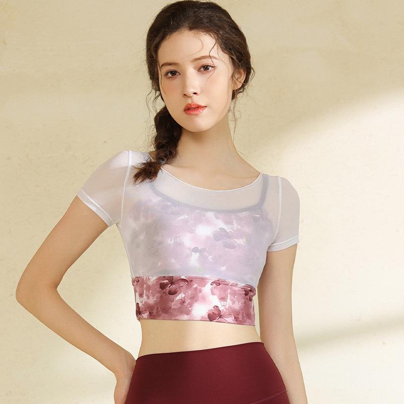 One-Shoulder Mesh Yoga Top with Chest Pads - Breathable, Hollow Design for Dance, Running, Fitness.