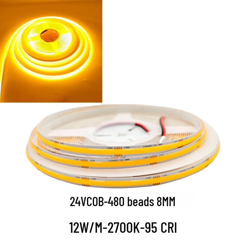 COB LED Strip Light 12V/24V, 320/480 LEDs, 8MM, 90 CRI, Self-Adhesive, Aluminum Channel.