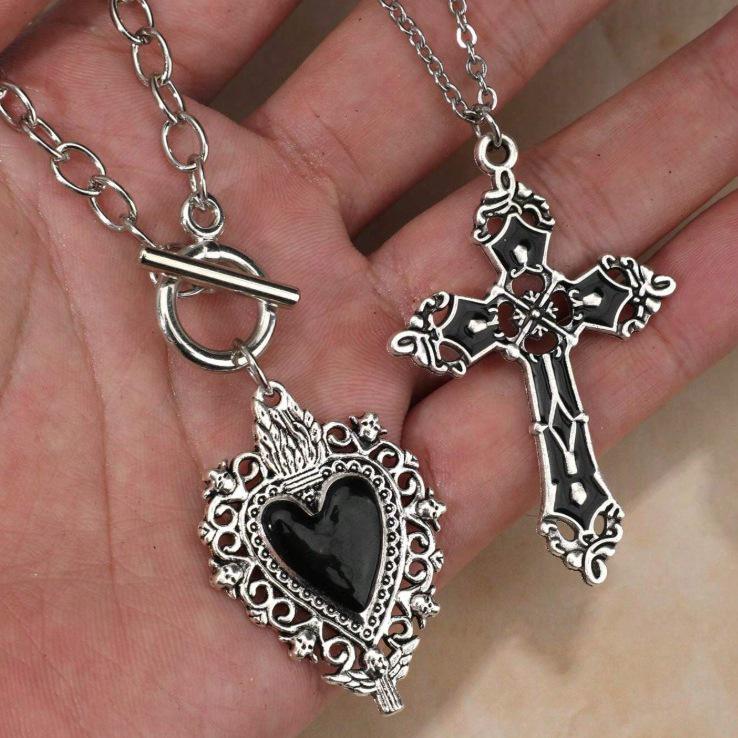 Gothic Heart Cross Pendant Necklace Set - Punk Y2K Valentine's Day Jewelry
