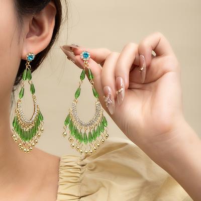 Green Exaggerated Fringed Pendant, Stud Earrings With Diamonds, High-End Temperament Earrings, Light Luxury Niche Earrings.