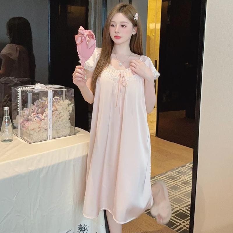 French Court Style Pajamas Women's Spring and Autumn Ice Silk Long Nightgown with Chest Pad Summer Pure Desire Style Sexy Lace Long Dress