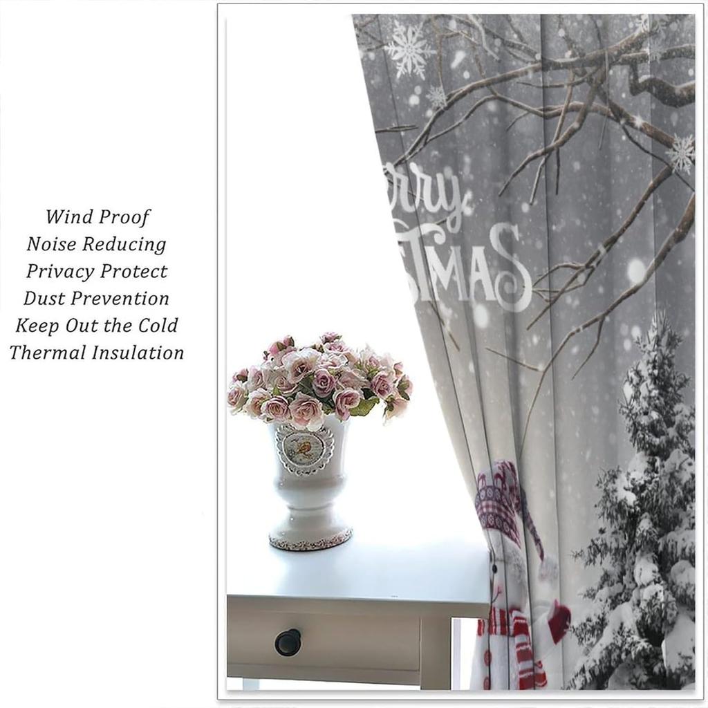 Merry Christmas Winter Snowman Curtain Xmas Tree Snowflake Holiday Curtains Bedroom Living Room Bathroom Red Polyester Sitting Window Treatment