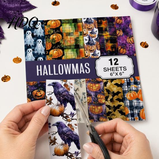 No Burrs Cutting Paper 12 Sheets Purple Gothic Halloween Scrapbook Paper, Double Sided Decorative Craft Pumpkin Ghost Bat for Card Making, Origami,