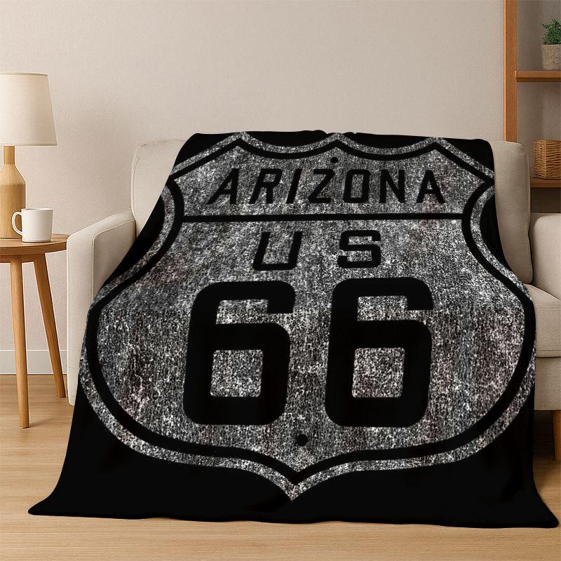 Retro Route66 America Mother Road Sign Flannel Blanket Soft Warm Throw Blanket for Bedroom Living Room Bed Travel Camping Picnic