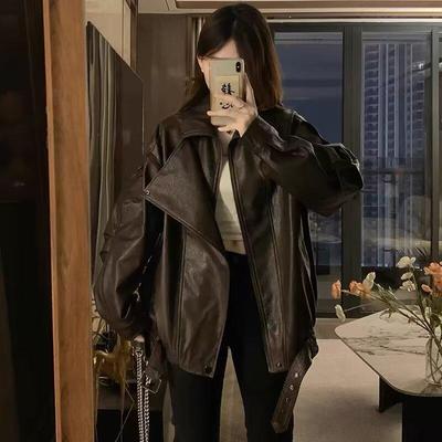 Women's Retro Brown Leather Biker Jacket – Autumn Loose Fit, High-End Fashion