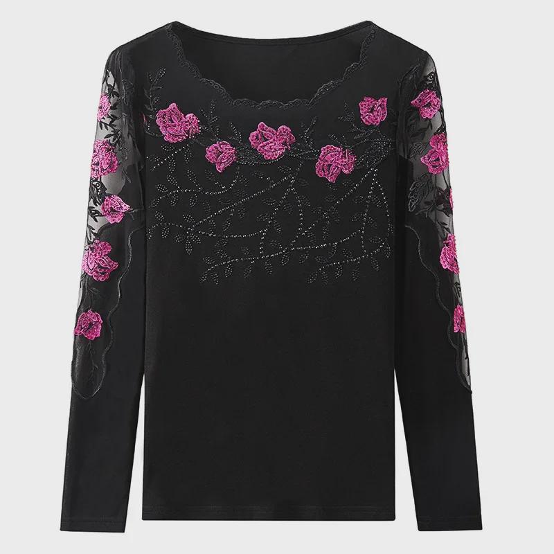 Korean Style Embroidered Long-Sleeve Gauze T-Shirt for Women
