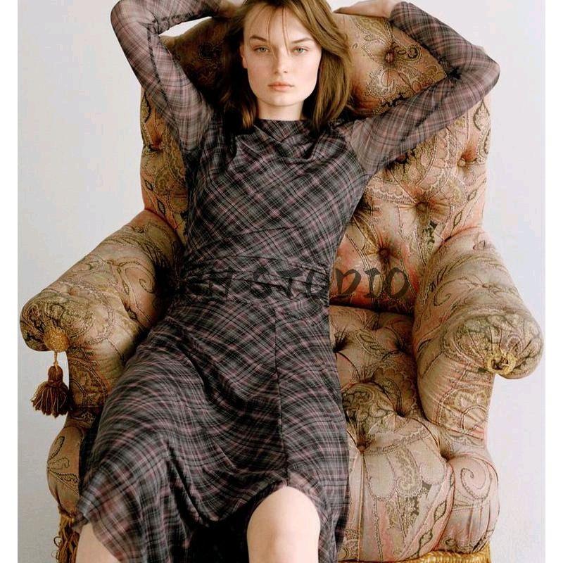 Spring New Women's Clothing American Retro Gingham Ruched Silk Net round-Neck Long-Sleeved Dress 5039284