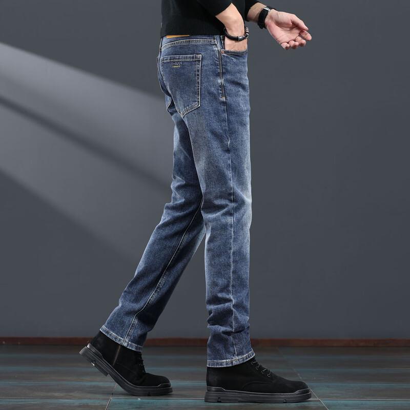 

Jieleinuo Мужские американские ретро джинсы прямого кроя с флисовой подкладкой и эффектом стирки 34