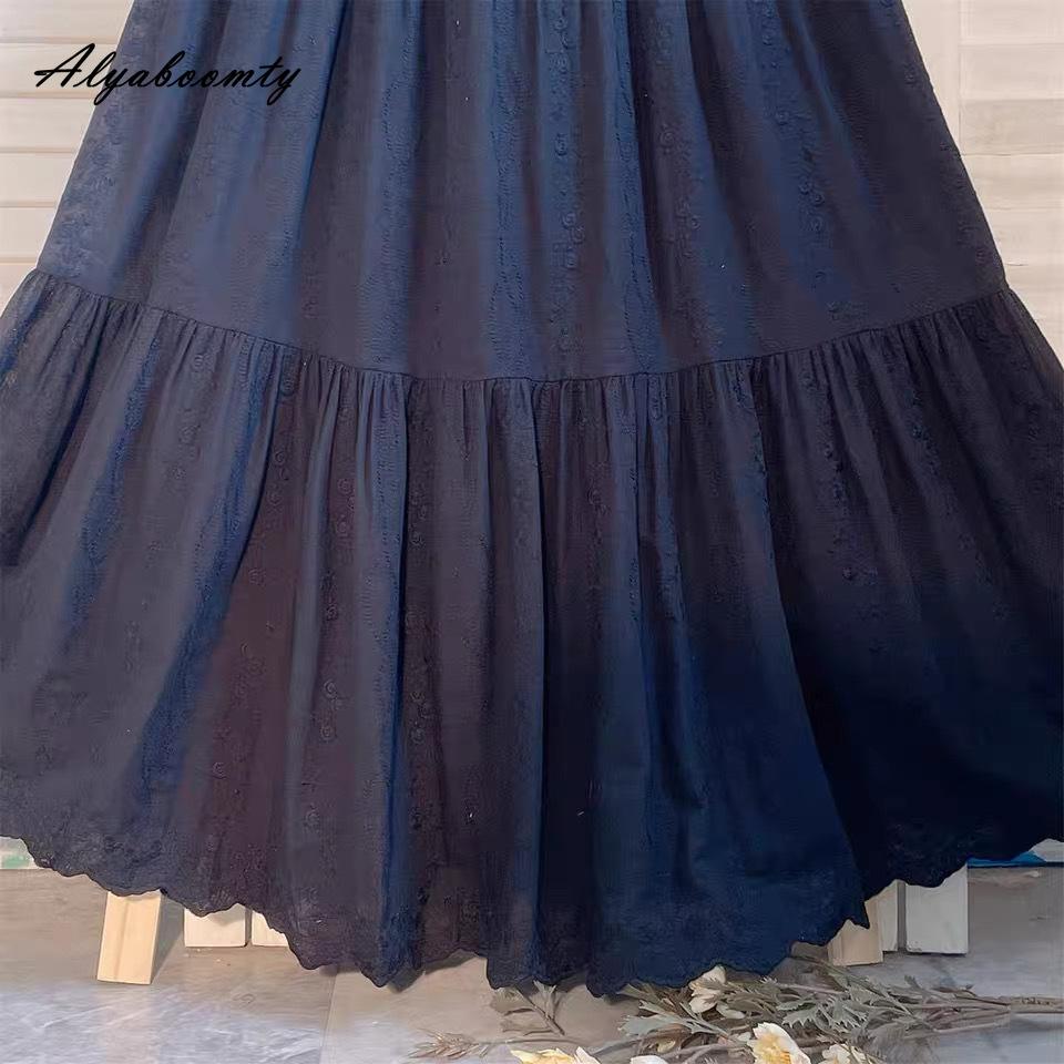 Japanese Mori Girl Spring Summer Women Black Skirt High Waist Floral Embroidery Elegant Midi Skirt Vintage Cotton A-Line Female Skirt