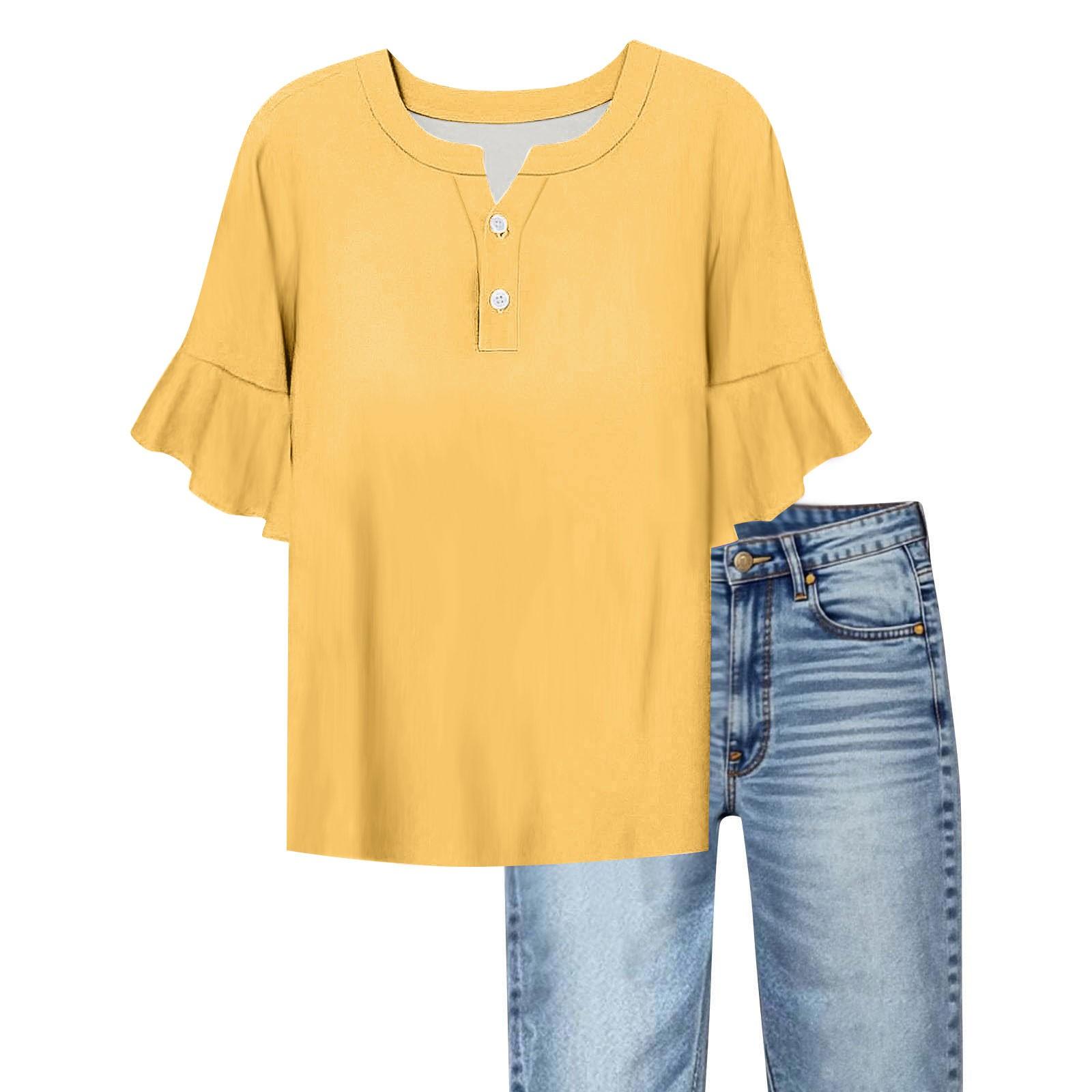 

Женская повседневная мода V-образный вырез оборки рукава-трубы свободный универсальный однотонный короткий рукав XL жёлтый
