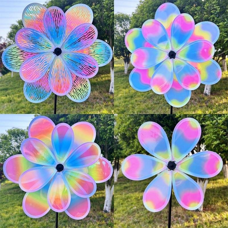 1 Piece Double Layer Color Film Color Changing Dazzling Windmill Rotating Wind Spinner Stake Standing Lawn Flower Pinwheel