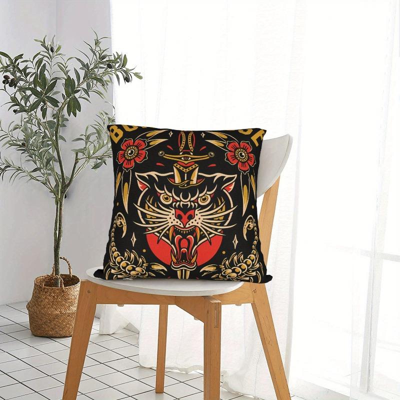1 Stück Kühne Schwarze Rote Panther Tattoo Kissenbezug, Polyester 2D Zweiseitiger Druck Kissenhülle, Retro Old School Kunst Wurfkissen