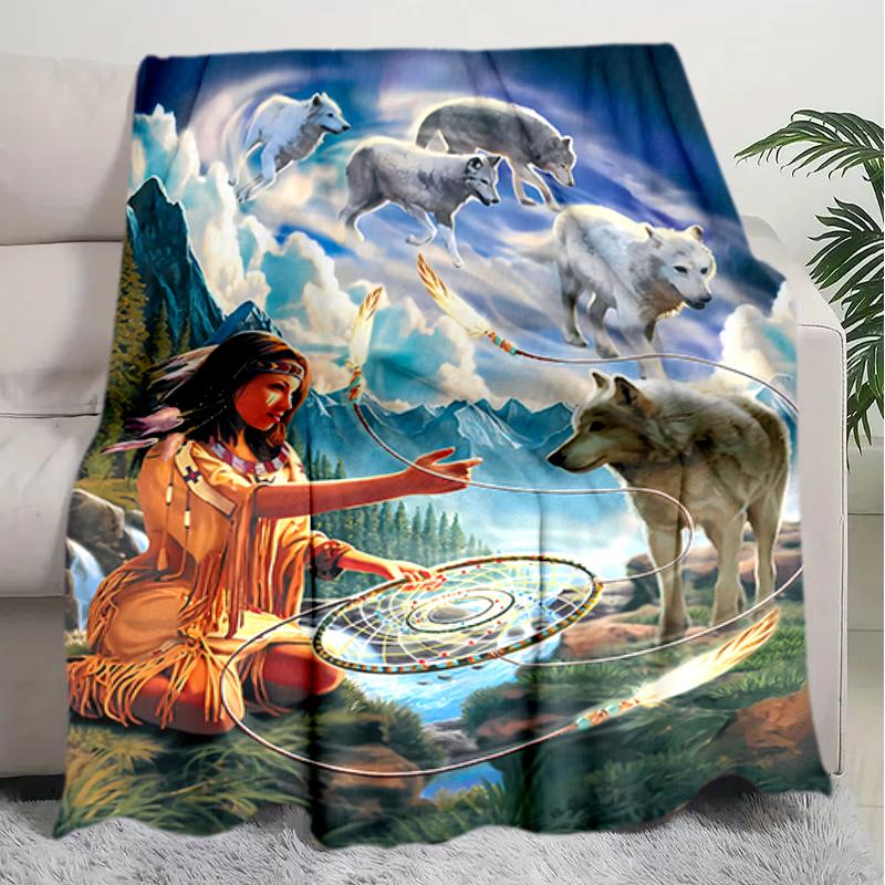 1PC Wolf Elements printed blanket, all season lightweight home office outdoor nap multifunctional blanket A8