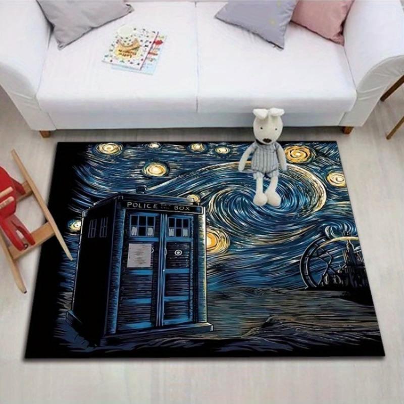 Van Gogh Starry Night & TARDIS Print Rug, Sci-Fi Police Box Non-Slip Floor Mat for Kids Room Living Room Bedroom Decor Carpet