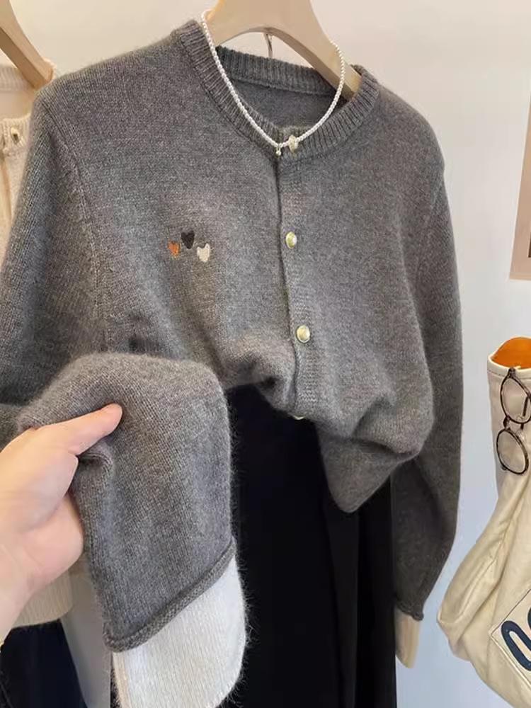 2024 Heart Embroidered Color Block Wool Cardigan: Stylish, Soft & Versatile Design