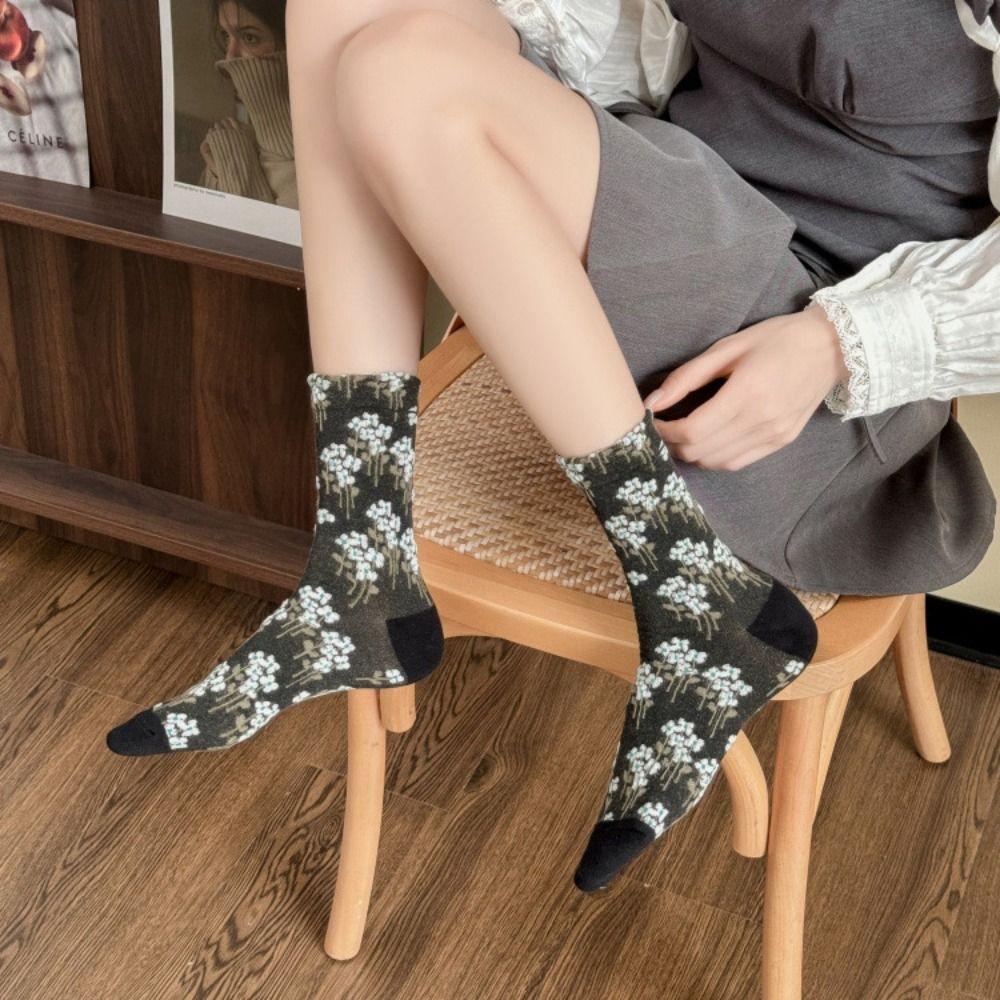 5Pairs Breathable Floral Short Socks Patchwork Retro Socks Comfortable Mid Tube Socks  Autumn