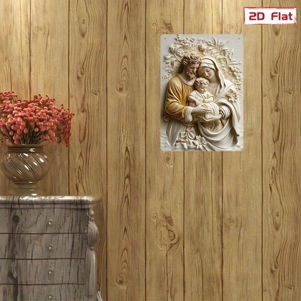 Vintage Metal Wall Art Religious Icon Poster with Flowers Home Decor