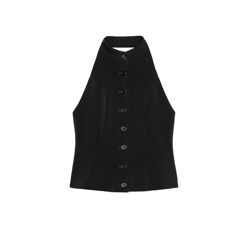 Spring New Women's Clothing Pure Desire Style Circular Lower Hem Decorated Row Button off-the-Shoulder Hanging Collar Vest 5070008
