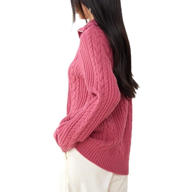 Růžově červený svetr s copánkovým vzorem a klopami Dámský pletený kardigan na poloviční zip Nový podzimní a raně zimní outfit