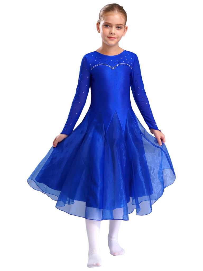 Kids Girls Lyrical Dance Ballroom Dancing Waltz Performance Costume Sheer Mesh Long Sleeve Rhinestone Flared Dresses Dancewear