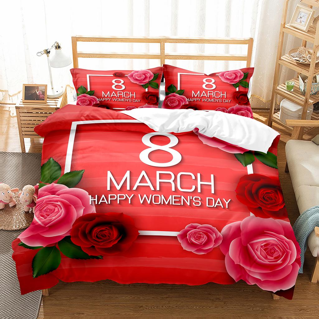 Comforter Romantic Floral Happy Women'S Day Bedding Set Polyester March 8 Comforter Single King Size For Mother Gift