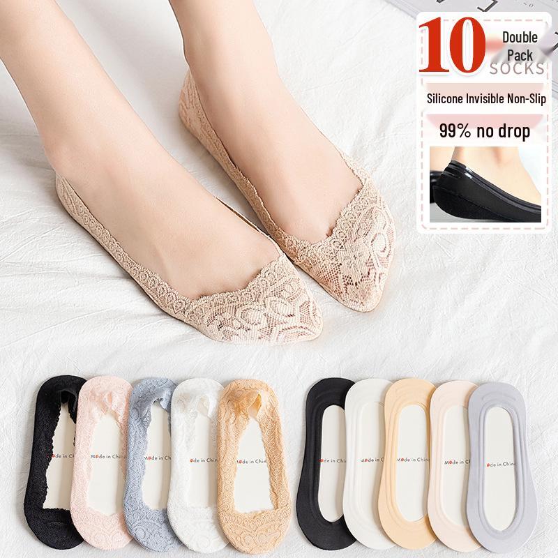 Women's Ice Silk Low Cut No-Show Striped Mesh Lace Boat Socks - Super Thin & Non-Slip