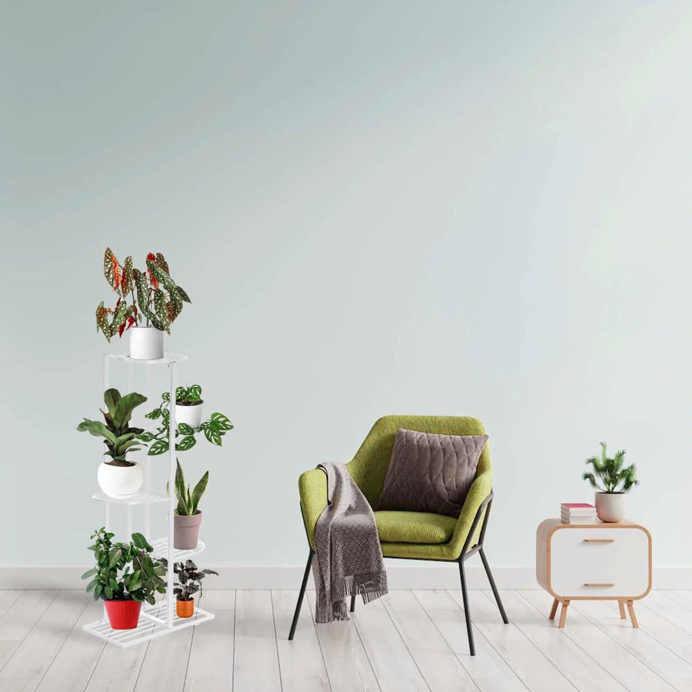 Metal standing flower stand for 6 flower pots - white