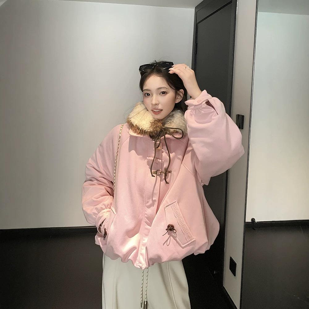 Real shot American retro fur collar cotton clothes women's autumn and winter loose college style design niche thickened coat