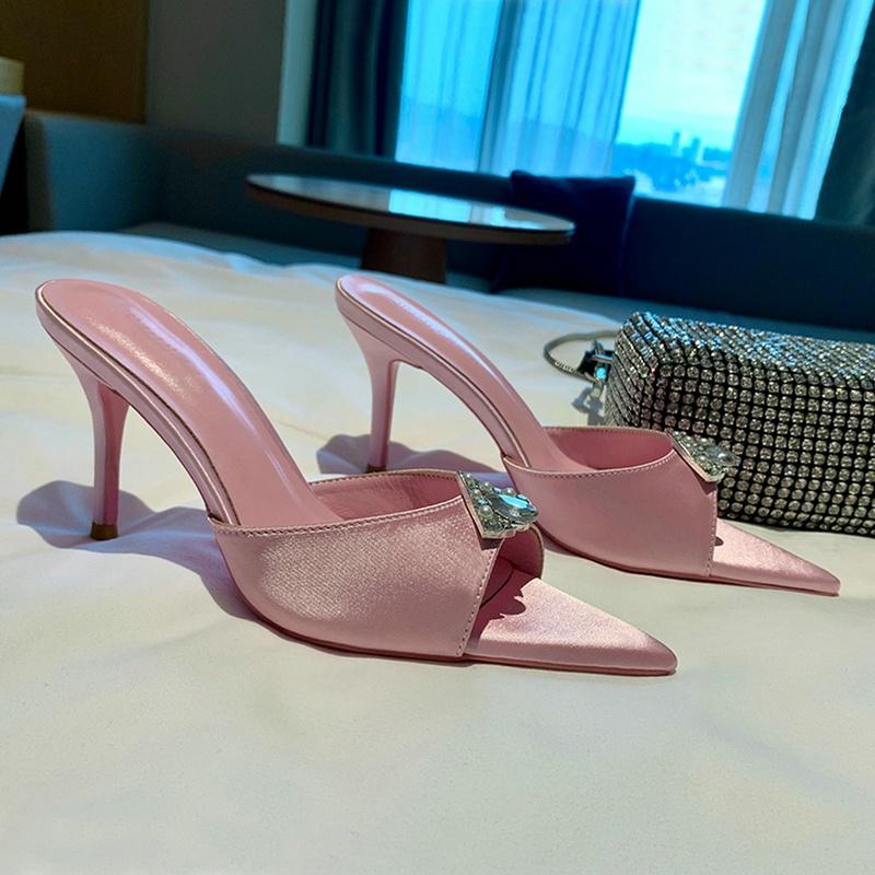 Fashion 2025 New Pointy Sexy Slippers For Women Wearing Satin Rhinester Fairy Wind Fine Heels With A Line Belt High Heels