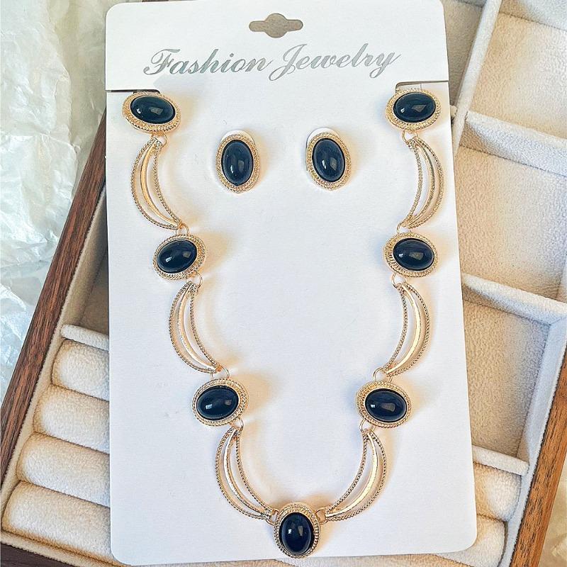 Oval gemstone necklace set - geometric alloy jewelry set - vintage high-end style